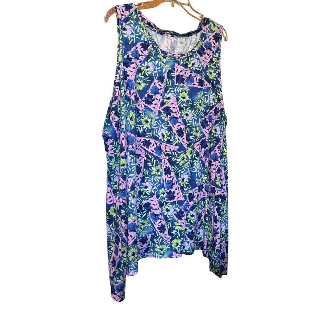 LOGO Layers tunic, tank top, blue pink and green floral subtle shark bite hem